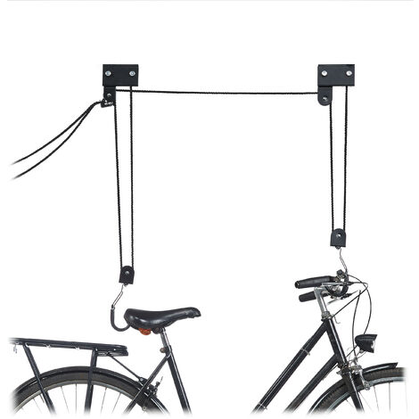Relaxdays Porte-vélo plafond 57 kg de capacité, crochets, corde frein,tirette de câble, Kajak, ascenseur vélo, noir