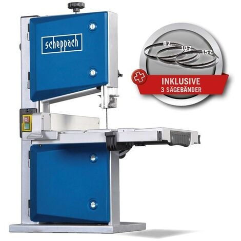 Scheppach - Scie à ruban HBS30 - Puissance 350W - Table 30x38x52cm - Inclinable de 0°-45° - Raccord pour aspirateur - Hauteur & Largeur max. de passage: 80x200mm - Livrée avec 3 lames 6,10 et 15 dents
