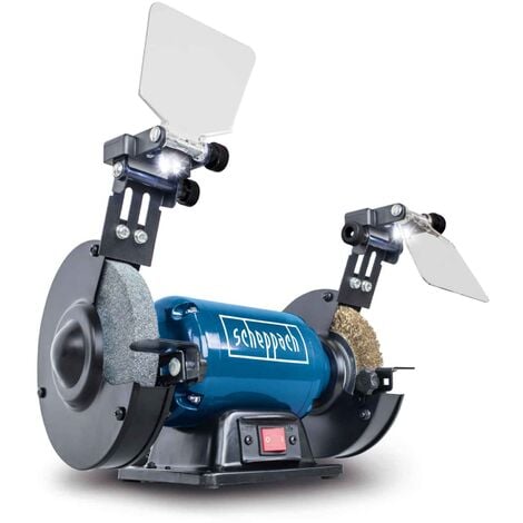 Scheppach Touret Mixte SM150LB - Puissance 400W - Meule en grain 36 Ø150mm - Brosse métallique de Ø150mm - Pare-éclats ajustables - LED - Pieds en caoutchouc - Travaux multiples