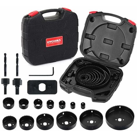 Scie Cloche, HYCHIKA Coffret de Scie Trépan 19 PCS avec Mandrins, Plaque d'installation et Clé Hexagonale, Lame de Scie 19-152 mm