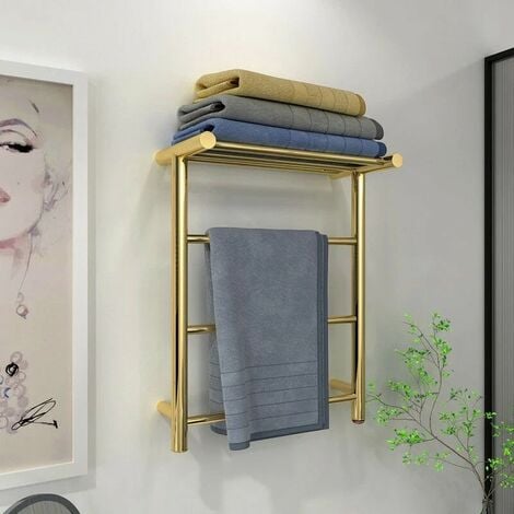 Sèche-Serviette Électrique Or, Chauffe-Serviettes Porte-Serviettes Chauffant Électrique Mural Acier Inoxydable Radiateur de Salle de Bain, 600x480mm, 35 W, Style B