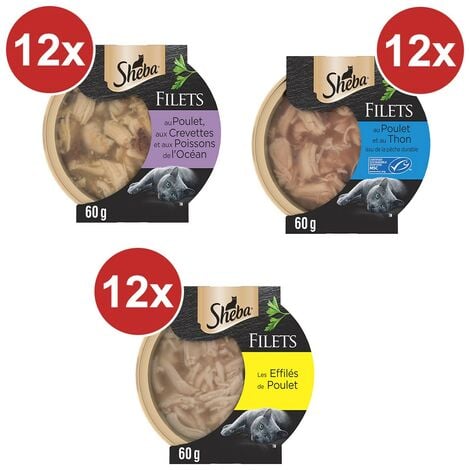SHEBA 36 Filets Les Effilés chat adulte Poulet+Poulet Thon+Poulet Crevettes 60g