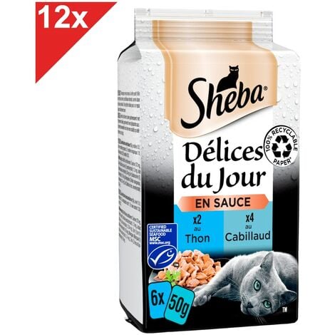 SHEBA Délices du Jour 72 Sachets thon cabillaud en sauce pour chat 50g (12x6)