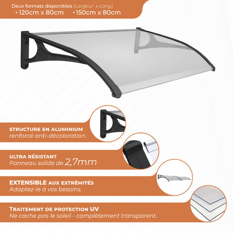 SmartSun Marquise Evoke aluminium 120x80cm. Panneau solide epaisseur extra résistante de 2,7 mm. Auvent de porte