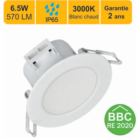 Spots LED encastrable IP65 - spécial salle de bain - 6.5W 500 LM 3000K - garantie 2 ans
