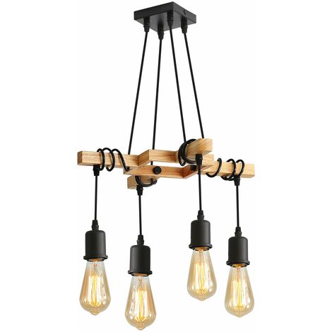 Suspension Luminaire Industrielle, Luminaire Plafonnier Vintage en Bois Noir, Lustre Suspension Industrielle, pour salon ou restaurant (Ampoule Non Incluse) 4 Lumières-E27