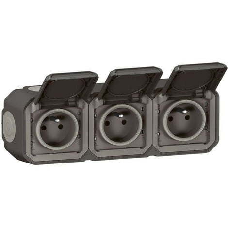 Triple prise de courant horizontale avec volet Plexo complet saillie -anthracite (070066)
