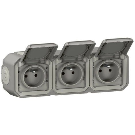 Triple prise de courant horizontale avec volet Plexo complet saillie - gris (070014)