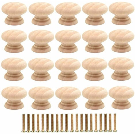 Ulisem Lot de 20 Boutons de Tiroir Ronds de 35mm en Bois - Poignées pour Portes d'Armoires avec Vis