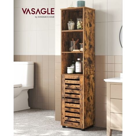 VASAGLE Meuble de salle bain, Étagère de rangement, 40 x 30 x 167 cm, Placard haut, 3 cases ouverts, 2 étagères intérieures réglables en hauteur,Marron Rustique