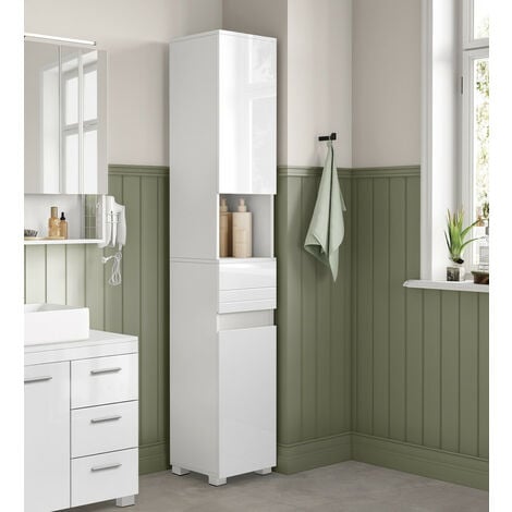 VASAGLE Meuble de Salle de Bain, Colonne, avec Tiroir, Étagères Réglables, Compartiments, 30 x 30 x 170 cm, Blanc