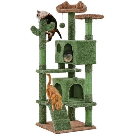 Yaheetech Arbre à Chat Design Cactus Tour pour Chat Multiniveau avec Poteaux en Sisal Cachettes Perchoirs Rampe Jouets Maison pour Petits/Moyens Chats 138 cm de Haut Vert et Brun