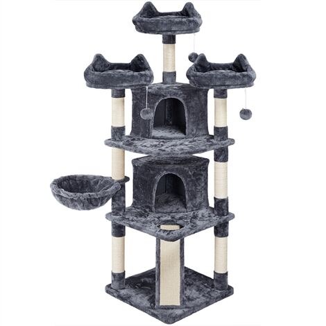 Yaheetech Grand Arbre à Chat avec Griffoir, Arbre à Chat Design, Arbre à Gratter avec 2 Grottes Spacieux 3 Plateformes Planche à Gratter 174 cm Gris Foncé