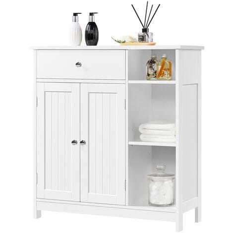 Yaheetech Meuble Salle de Bain Rangement en Bois 1 Armoire à 2 Etagères Réglables 1 Tiroir 3 Compartiments 75 x 30 x 80 cm Blanc