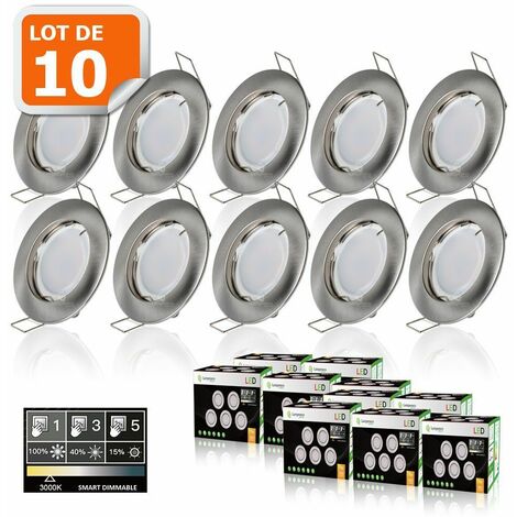 10 Spots led 3-step dimmable sans variateur 7w eq.56w blanc chaud finition alu brossé