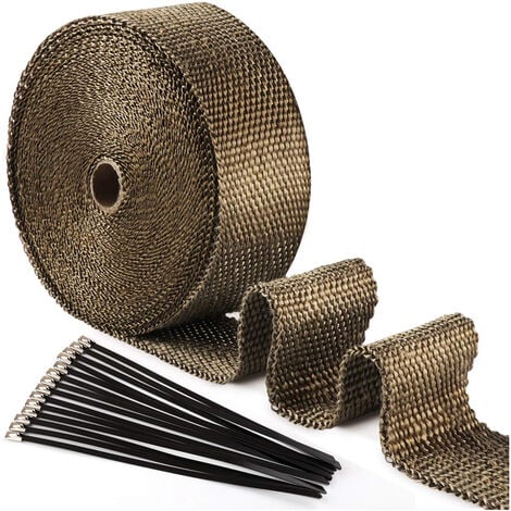 15Mx50mm Ruban Isolant Thermique en Titanium Magma + 10 Attaches de Cable en Acier Inoxydable de Noir pour Tuyeau Collecteur Echappement Moto Bande Isolante Thermique