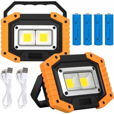 2 Projecteur de Chantier LED, USB Rechargeable Lampe de Travail 30W 2000LM - Luminaire extérieur avec 4 18650 Batteries, IP65 Imperméable Lumière pour Randonnée, Camping