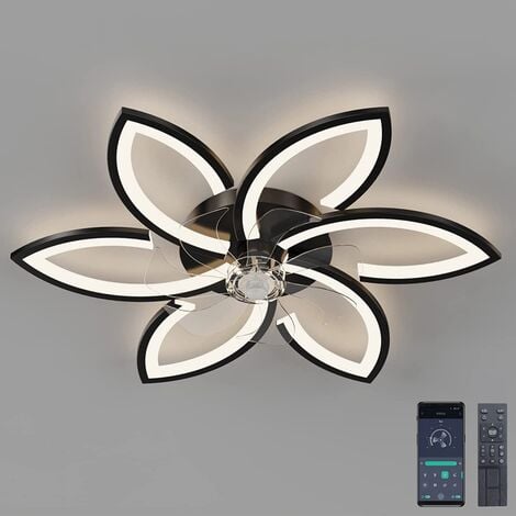 AISKDAN Ventilateur de Plafond silencieux avec lumière Télécommande et éclairage APP dimmable 70W de puissance Forme de fleur créative en acrylique (Noir)