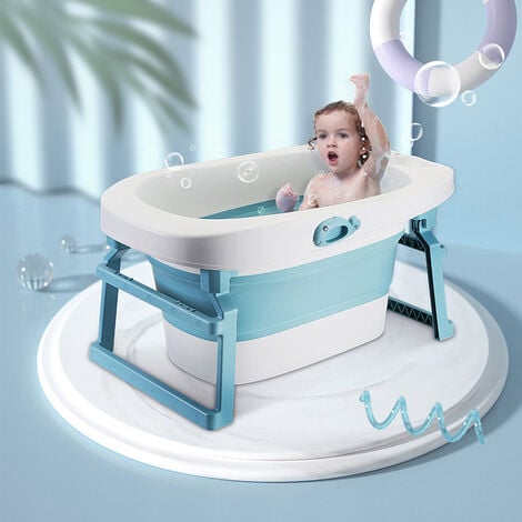 Aqrau Baignoire Pliable Bébé avec Siège de Bain et Bouchon de Vidange, Bleu