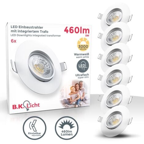 B.K.Licht lot de 6 spots LED à encastrer ultraplats 30mm, platines LED 5W/460Lu intégrées, spots encastrables orientables, blanc chaud, finition blanche matte, IP23