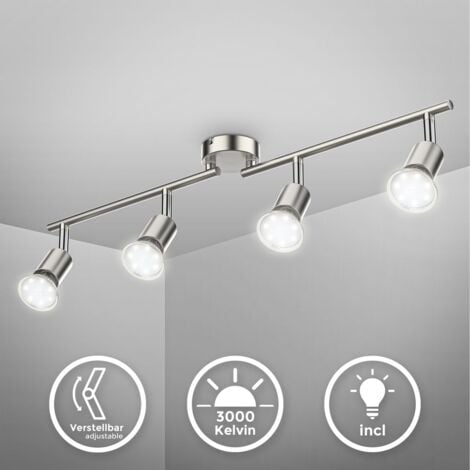 B.K.Licht plafonnier LED 4 spots pivotants & orientables, 4 ampoules LED 2,9W GU10, barre spots plafond salon salle à manger cuisine couloir, 2 bras tournants, lumière blanche chaude