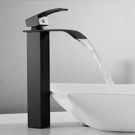 CECIPA Noir Robinet Cascade avec Haut Bec Mitigeur Lavabo Haut Mono-trou Robinetterie Lave-mains avec Levier Unique en Cuivre Mélangeur l'Eau Chaude et Froide pour Salle de Bain
