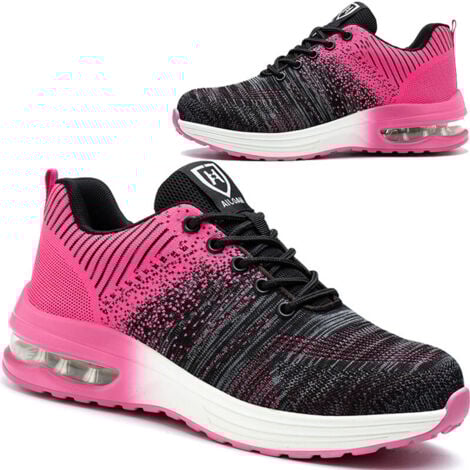 Chaussures de Sécurité Hommes Femmes Légère Basket de Sécurité Respirante Confortable Chaussure de Travail avec Embout en Acier Noir-Rose Taille 39
