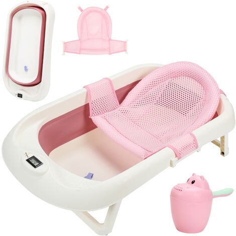 EINFEBEN Baignoire Bébé Pliable Baignoire Bébé Ergonomique avec Pieds Antidérapants pour Bébés et Nouveau-nés (Rose+ Coussin de bain)