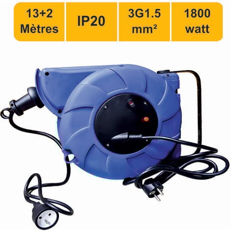 Enrouleur mural auto 15m 3G1.5 avec voyant + disjoncteur thermique - garantie 2 ans
