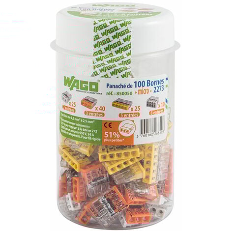 Flacon de 100 mini bornes de connexion automatique 2, 3, 5 et 8 fils S2273 - WAGO