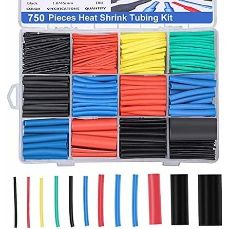 Gaine thermorétractable 750 pièces, tube de câble thermorétractable à isolation électrique, rapport de rétrécissement 2: 1, 5 couleurs, 12 tailles