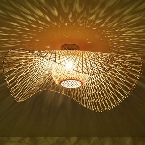 GROOFOO Plafonnier en Bambou Tressé à la Main - Éclairage en Bois Clair pour une Ambiance Rétro et Naturelle - Style Campagnard - Plafonnier Rotin en Bambou Naturel (48cm)