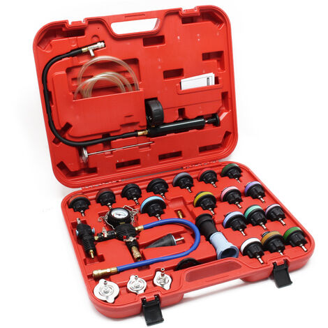 Kit Testeur de pression Système de refroidissement 27 pcs. Bouchon Codage par couleur & Pompe Test