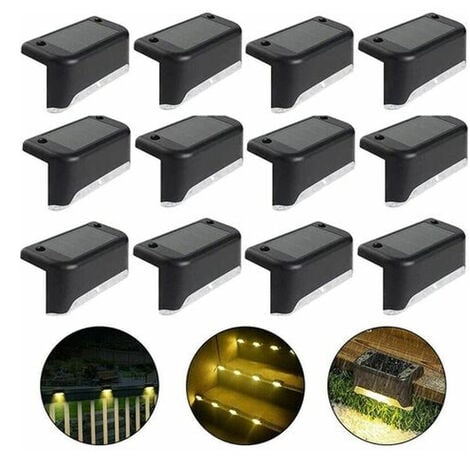 Lampe de clôture solaire étanche, lumière de pont solaire, lampe d'escalier, lampes solaires de jardin LED IP65 pour clôtures d'escalier de patio (Lumière chaude-Noir, 12 PCS)