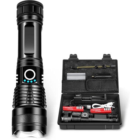 Lampe Torche LED Ultra Puissante 10000 Lumens Rechargeable Tactique Militaire IP67 Zoomable 5 Modes pour Camping Randonnée Urgence