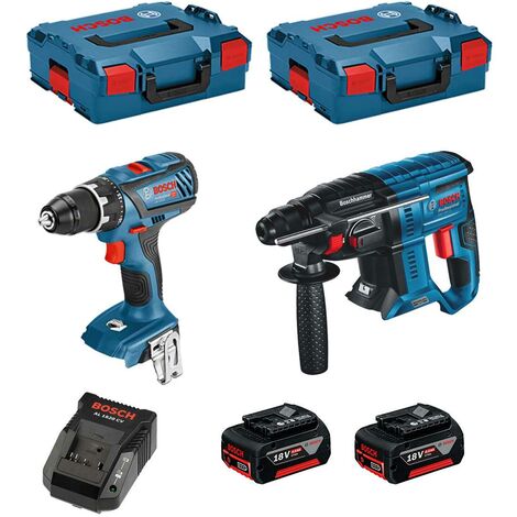 Lot BOSCH Perceuse GSR 18V-28 + Perforateur GBH 18V-21 + 2 batteries 18V 4.0Ah +chargeur + 2 coffrets L-Boxx