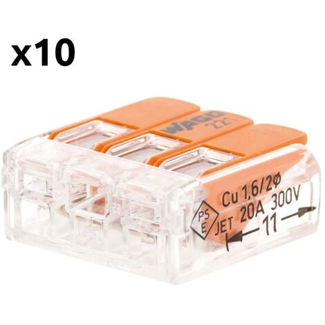 Lot de 10 bornes de raccordement S221 COMPACT - Connexion rapide - 3 conducteurs avec leviers 4mm² - Orange - Wago