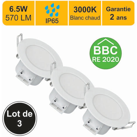 Lot de 3 spots LED encastrable IP65 - spécial salle de bain - 6.5W 570 LM 3000K - garantie 2 ans