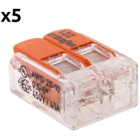 Lot de 5 bornes de raccordement S221 COMPACT - Connexion rapide - 2 conducteurs avec leviers 6mm² - Orange - Wago