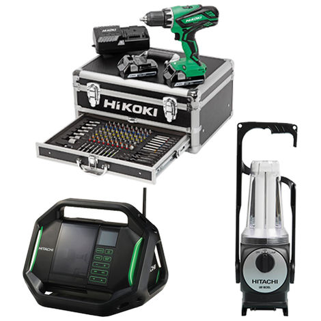 Lot Perceuse + Radio + Lampe -2 batteries 18V 2,5Ah Hitachi/Hikoki