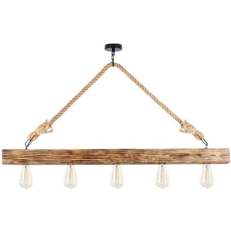 Lustre Long en Bois à 5 Lampes, 100x7 cm, Hauteur 53 cm, Pour Salon Étendu ou Entrée