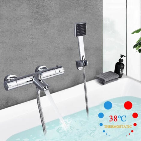 Mitigeur Baignoire Thermostatique 38°C Cascade, Robinet Thermostatique Baignoire,Mitigeur de Douche pour Baignoire avec Contrôle de La Température, Laiton, Finition Chromée