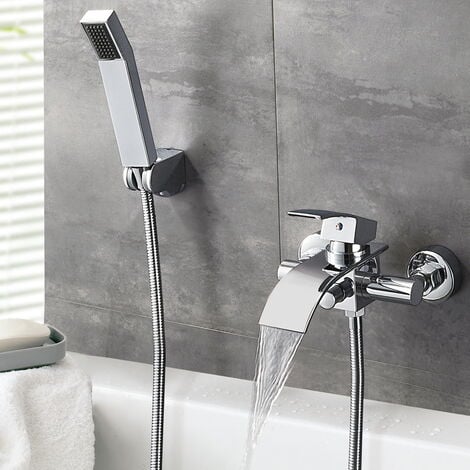 Mitigeur de Baignoire Cascade avec Douche à Main et Flexible de douche 1,5m Robinet de Douche Robinetterie mural Robinet de bain en Laiton Chrome