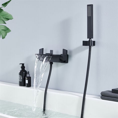 Mitigeur de Baignoire Noir Cascade Robinet de Baignoire Mural avec Douchette à Main et Flexible de douche 1,5m Robinet de Douche de Bain en Laiton