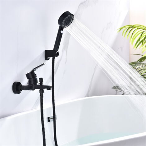 Mitigeur de Baignoire Noir Robinet Baignoire avec Douchette à Main 5 Jets Mitigeur de Douche avec Support et Flexible 1,5m Robinet Bain Douche Mural pour Salle de Bain