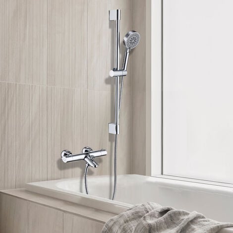 Mitigeur de Baignoire Thermostatique Chromé en Laiton Haut Qualité avec Douchette 3 Jets et le Support de Douche pour Robinette de Baignoire et la Douche