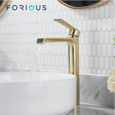 Mitigeur de Lavabo Haut FORIOUS Robinet Salle de Bain Cascade en Laiton Dépoli Or