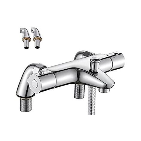 Mitigeur Thermostatique Baignoire, Robinet Thermostatique Bain Douche avec Bouton de Sécurisé à 38°C, Robinets de douche Thermostatique pour Baignoire, Laiton, Anti-brûlure