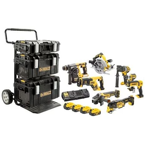 Pack 8 outils DEWALT DCK853P4-QW 18V XR (DCD996 + DCF887 + DCS570 + DCS355 + DCL050 + DCG405 + DCH273 + DCS367) + 4 batteries 5Ah + chargeur + 3 coffrets TOUGHSYSTEM  - Noir
