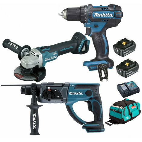 Pack Makita 18V 5Ah - Perceuse 62Nm DDF482 + Meuleuse 125mm DGA504 + Perforateur 2J DHR202 + 2 batteries + sac